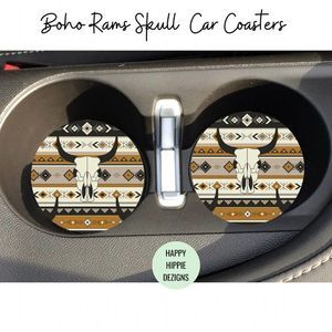 Boho Rams Skull Car Coasters 2 Pack
